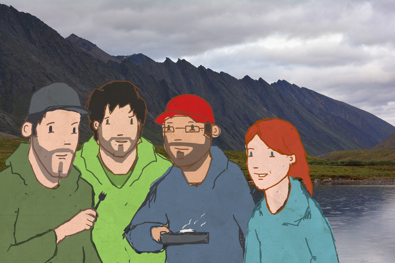 Luke, Paxson, Brett, and Chelsea eat fresh-caught fish, with the Brooks Range mountains behind them